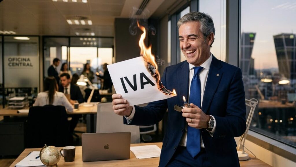 Empresario en oficina moderna quemando un papel con la palabra IVA representando la exención para autónomos de menos de 85000 euros