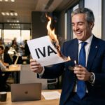 Empresario en oficina moderna quemando un papel con la palabra IVA representando la exención para autónomos de menos de 85000 euros