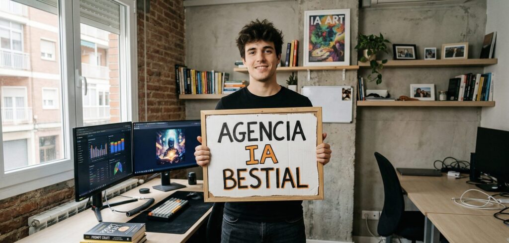 Joven emprendedor en su oficina con cartel de Agencia IA Bestial para marketing digital