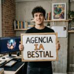 Joven emprendedor en su oficina con cartel de Agencia IA Bestial para marketing digital